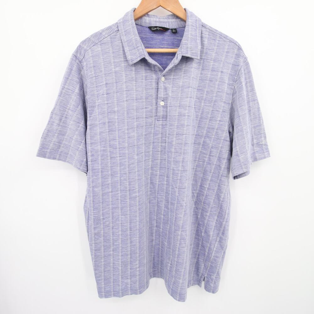 Walter Hagen Polo Shirt Mens Blue Striped Plaid Short Sleeve Collared Button L